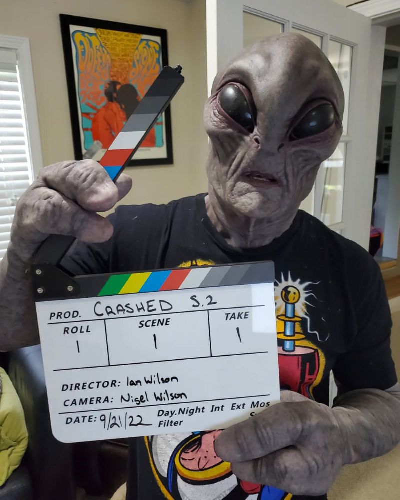 Alien Area 51 mask spotted on set — Season 2 of 'CRASHED' in production. FX realism approved — The Terror Lab.