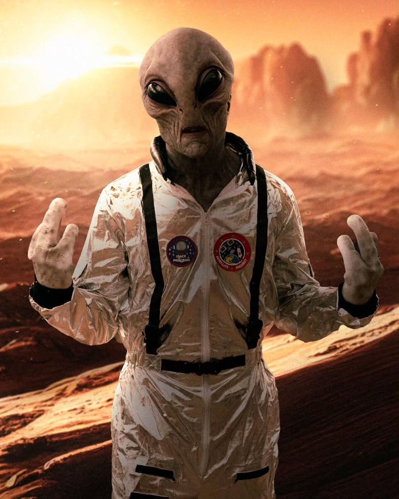 Alien ultra realistic mask worn with retro silver spacesuit in a cinematic Mars landscape – The Terror Lab.