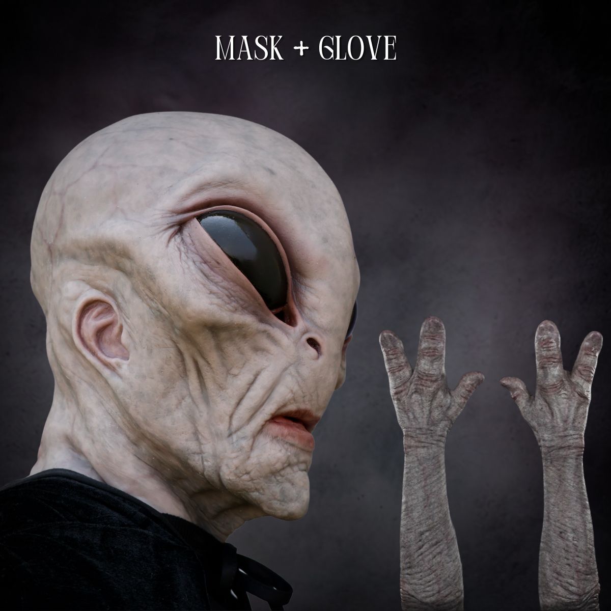 Alien mask and gloves halloween set on a dark background with 'MASK + GLOVE' text.