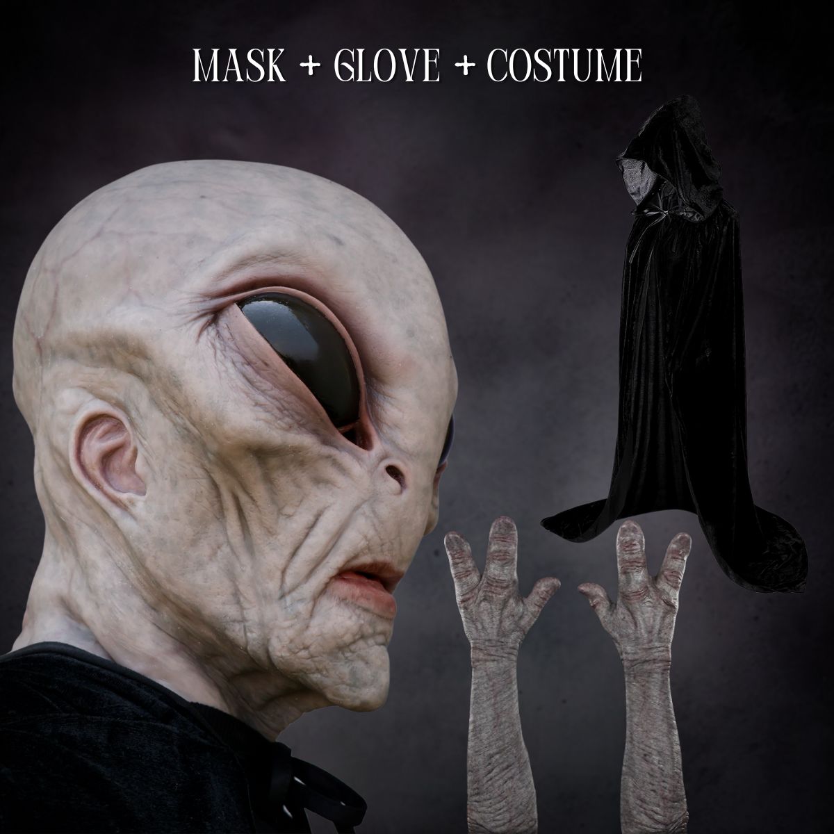 Alien mask, gloves, and costume set with a dark background