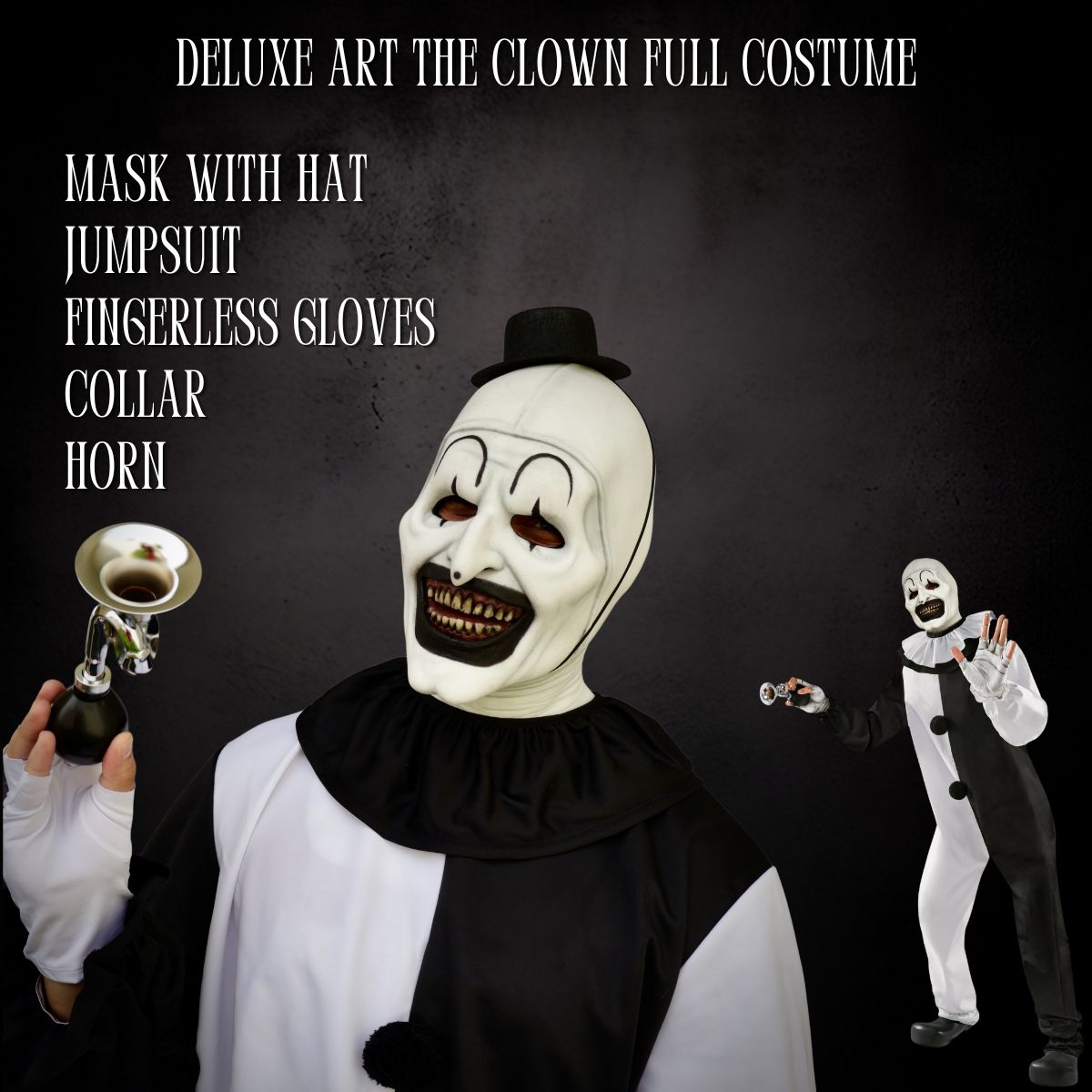 Deluxe Art Clown full costume with mask, hat, jumpsuit, gloves, collar, and horn on a dark background.