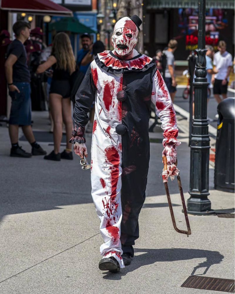 Wearing the Art the Clown mask and full costume, covered in theatrical blood while walking through a crowded street during Halloween weekend — The Terror Lab.