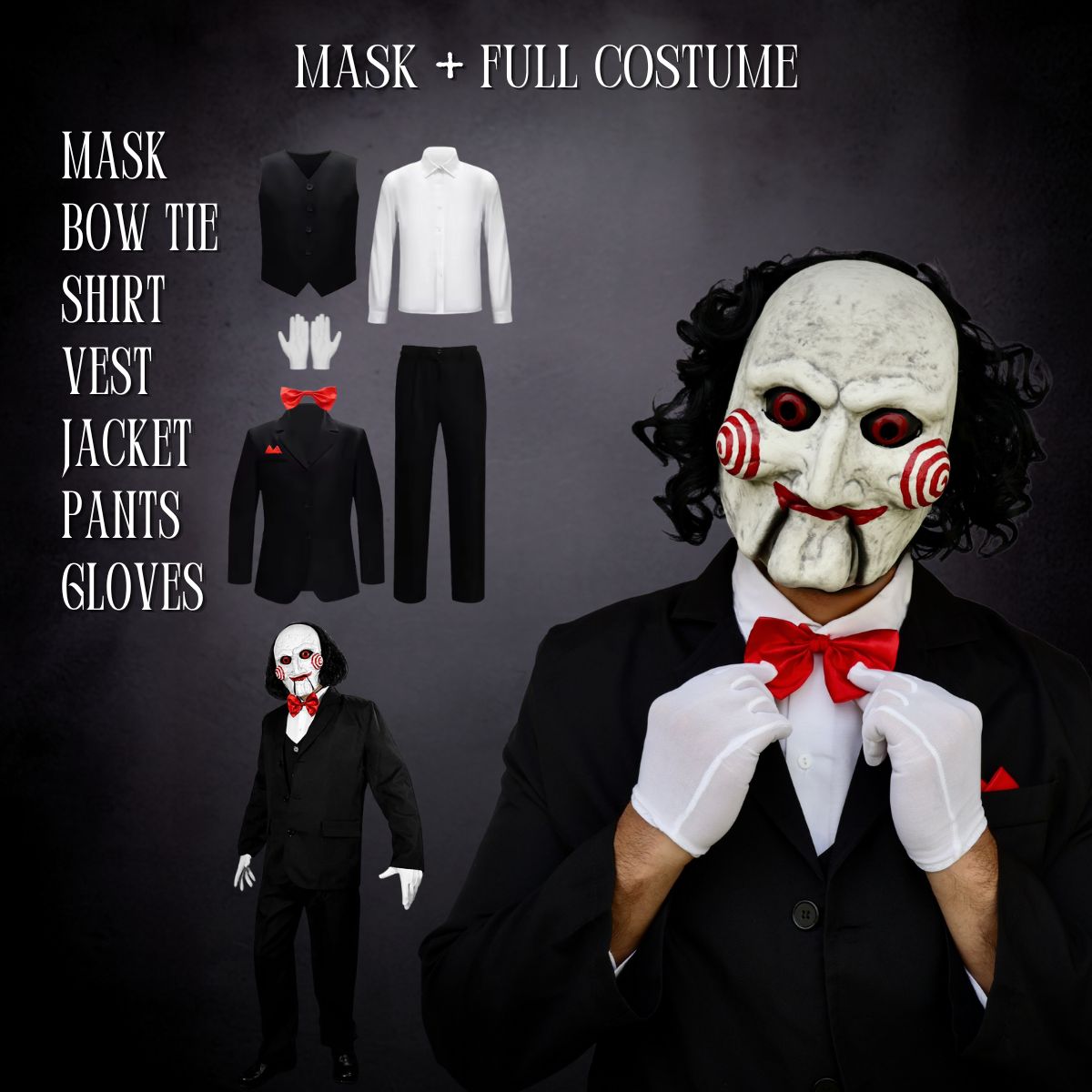 Halloween costume set with Billy puppet mask, shirt, vest, jacket, pants, and gloves on a dark background.