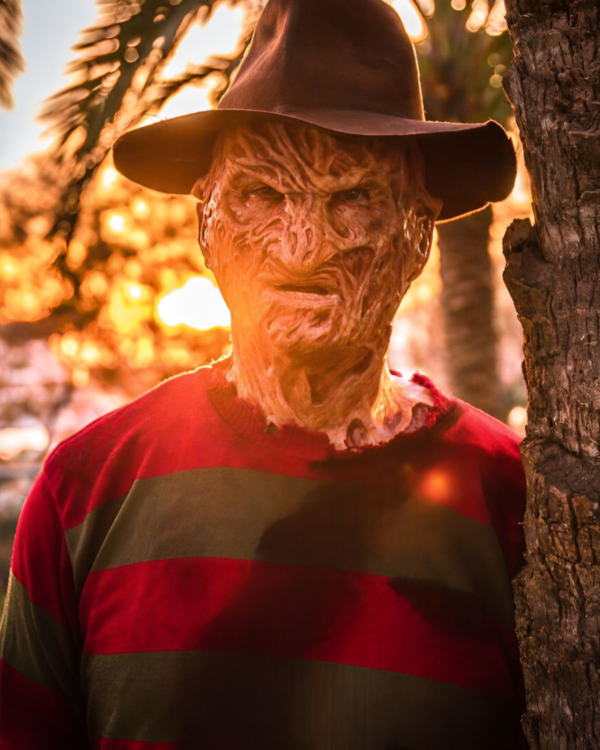 Freddy Krueger mask and costume worn by verified customer outdoors at sunset on Halloween night | The Terror Lab