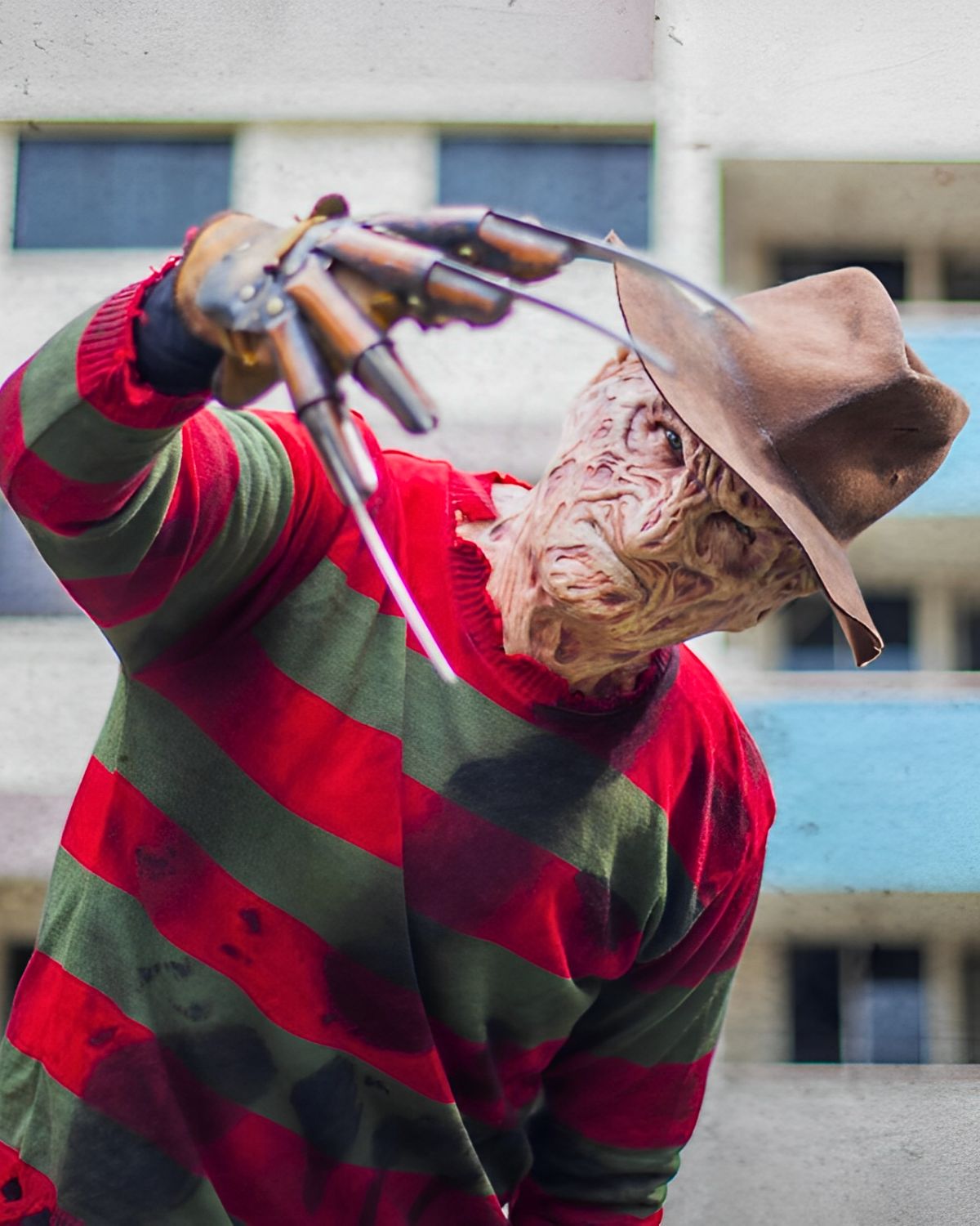 Freddy Krueger mask and claw glove worn by verified customer in outdoor Halloween shoot | The Terror Lab