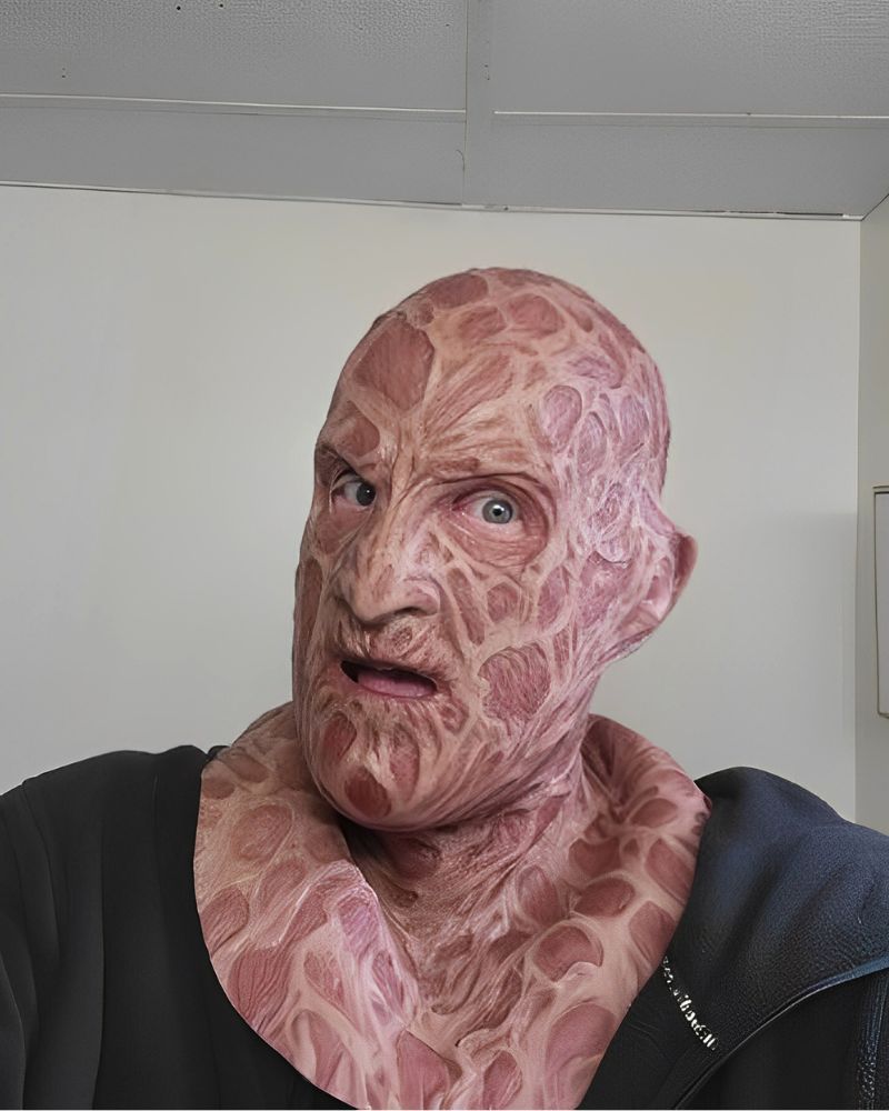 A customer wearing a realistic Freddy Krueger mask with exposed neck, posing indoors in front of a plain wall – The Terror Lab