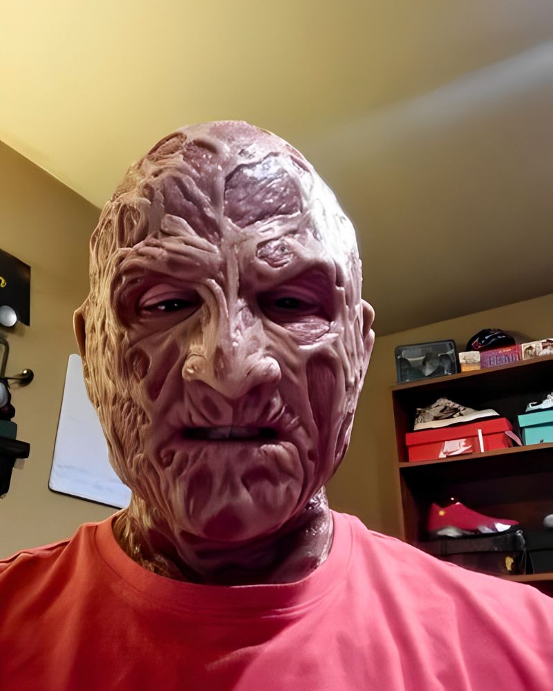 A customer wearing a realistic Freddy Krueger mask at home, photographed in a room during Halloween – The Terror Lab