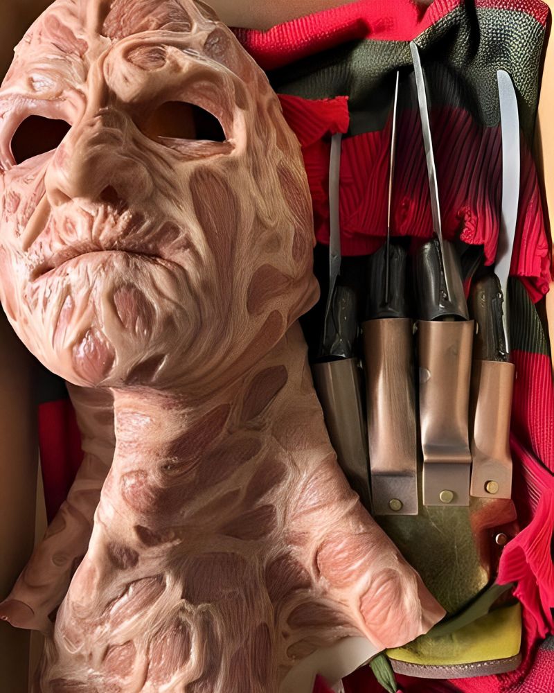 Close-up of the Freddy Krueger mask displayed with costume and claw glove set, ready for Halloween – The Terror Lab