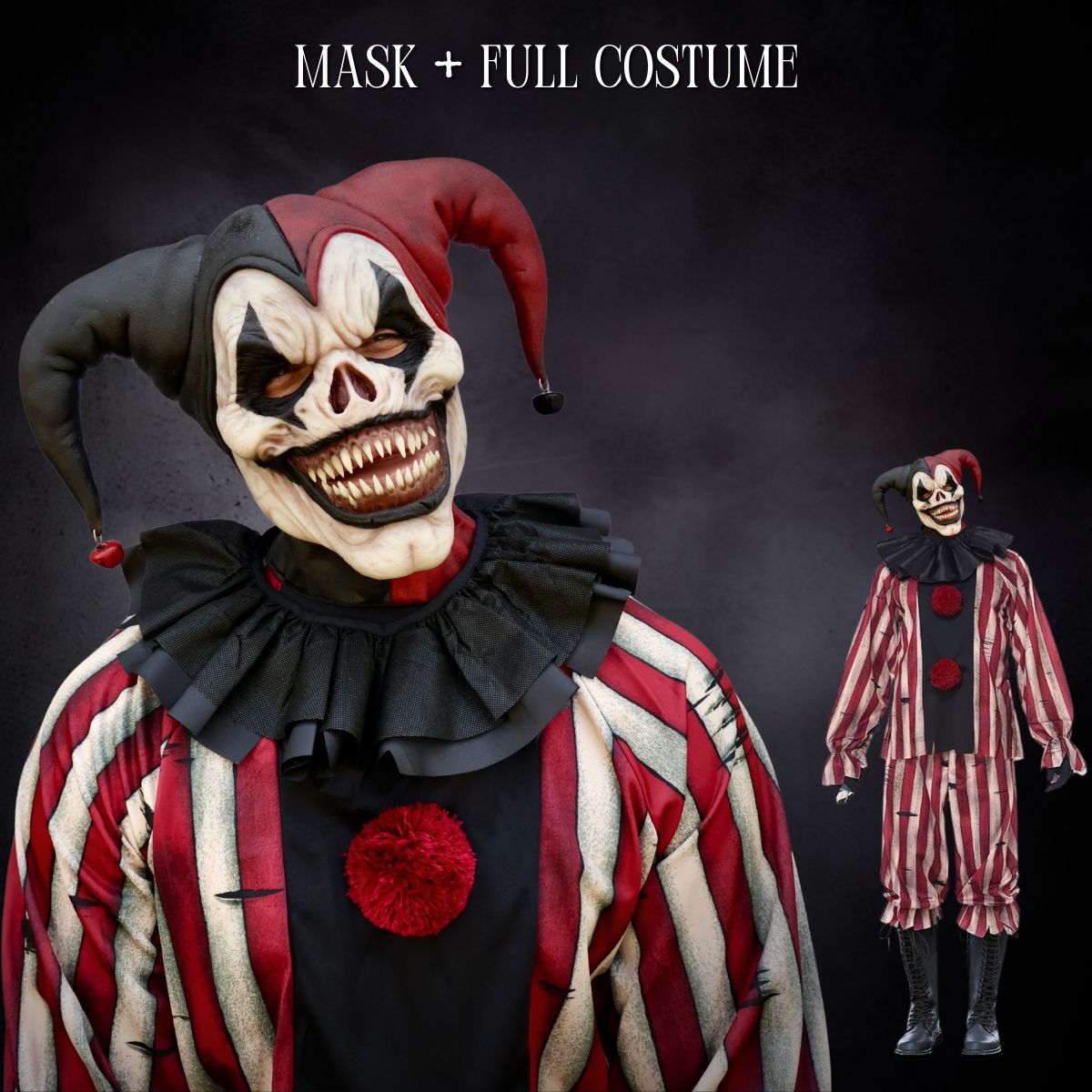Horror jester clown mask and costume with red and black accents on a dark background