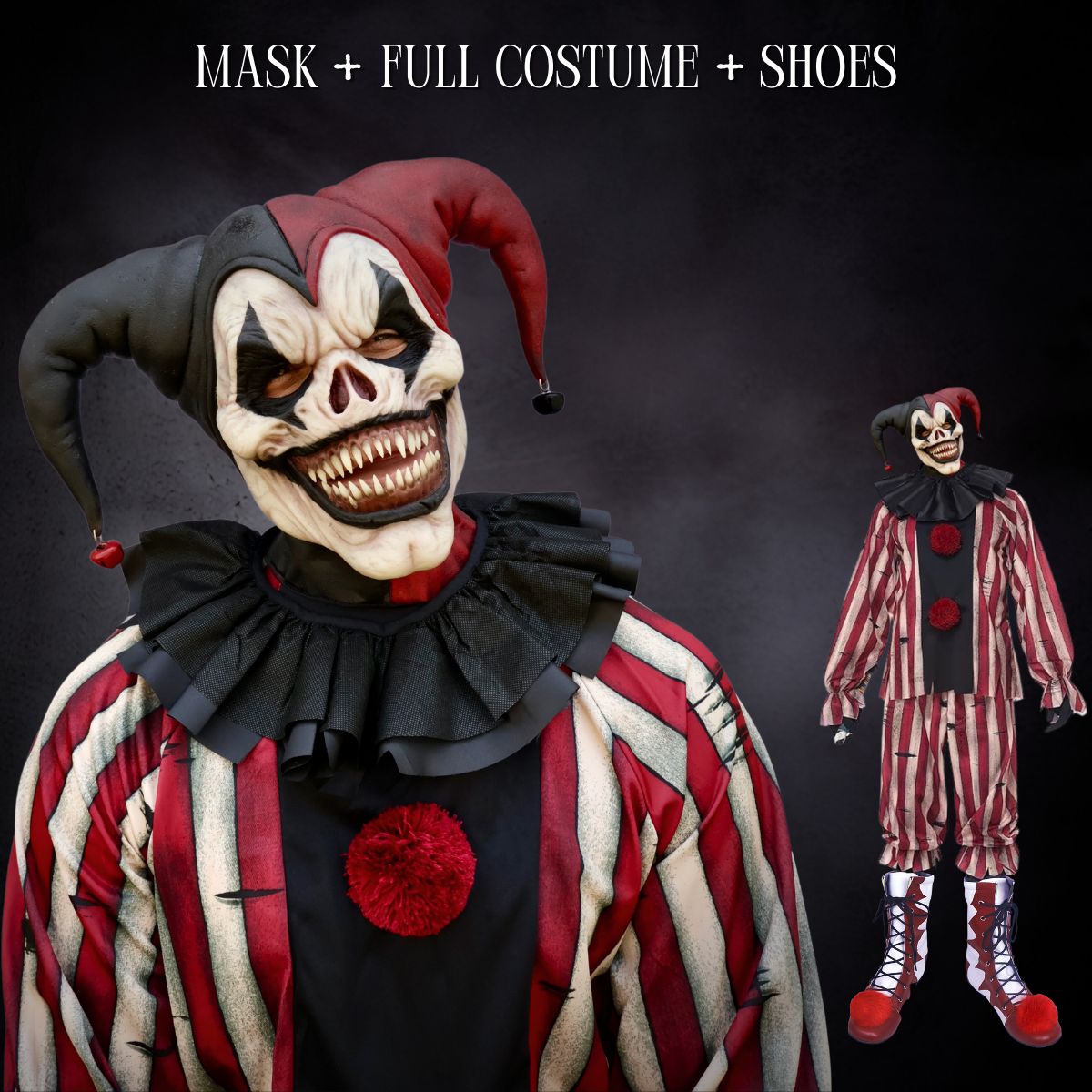 Halloween Jester clown full costume with mask, full outfit, and shoes on a dark background