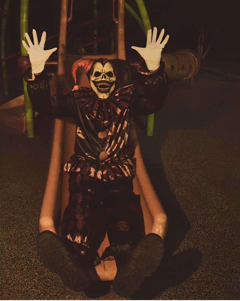 Jester clown mask worn with a vintage harlequin costume and oversized gloves, captured mid-slide at an eerie playground at night — The Terror Lab.