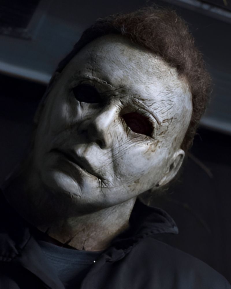 Close-up of the 2018 Michael Myers mask worn by a customer, head tilted with shadows and intense expression — The Terror Lab.