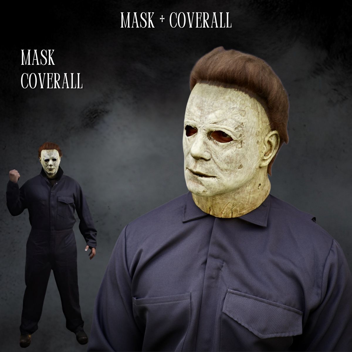 Person wearing Michael Myers Halloween mask and coverall against a dark background.