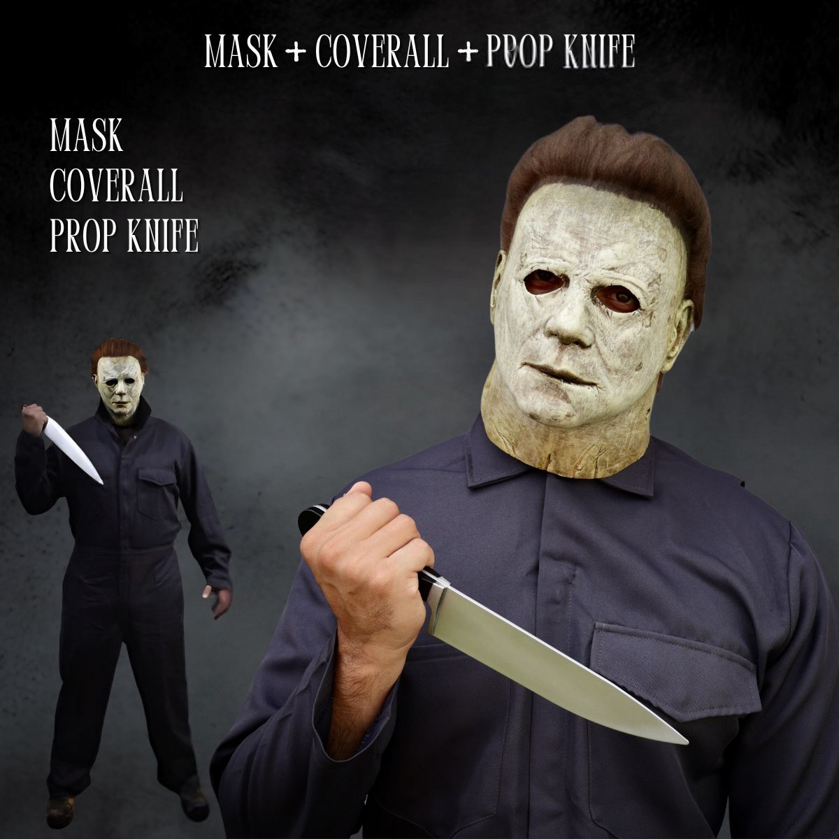 Person wearing Michael myers Halloween mask and coverall holding a prop on a dark background
