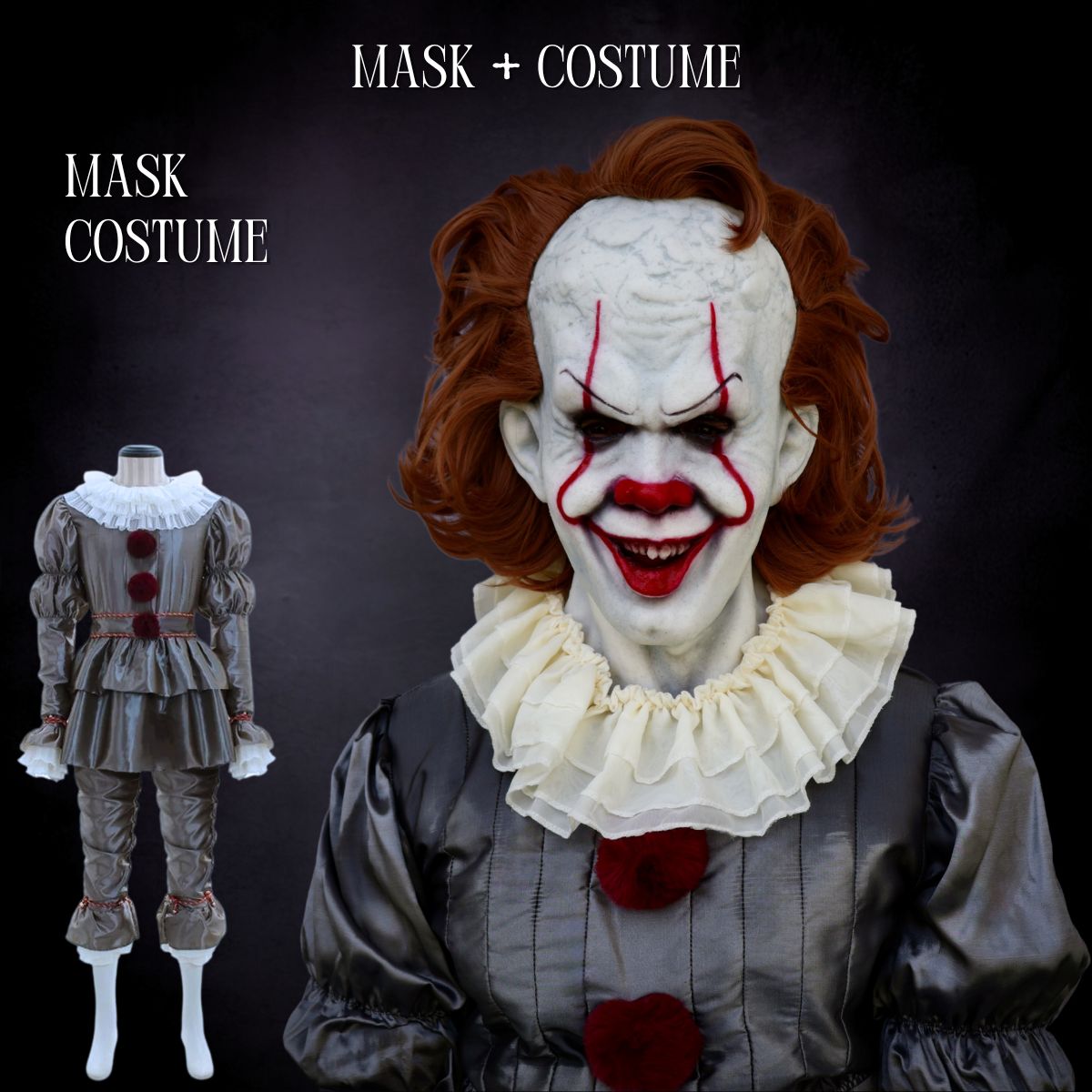 Pennywise Clown mask and costume with detailed features on a dark background
