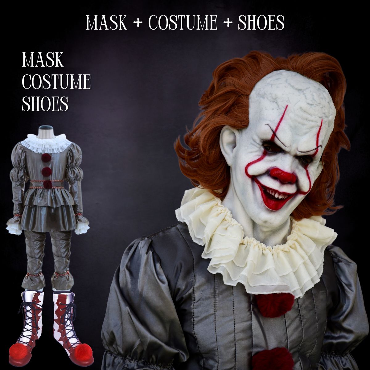 Clown costume with mask, costume, and shoes on a dark background