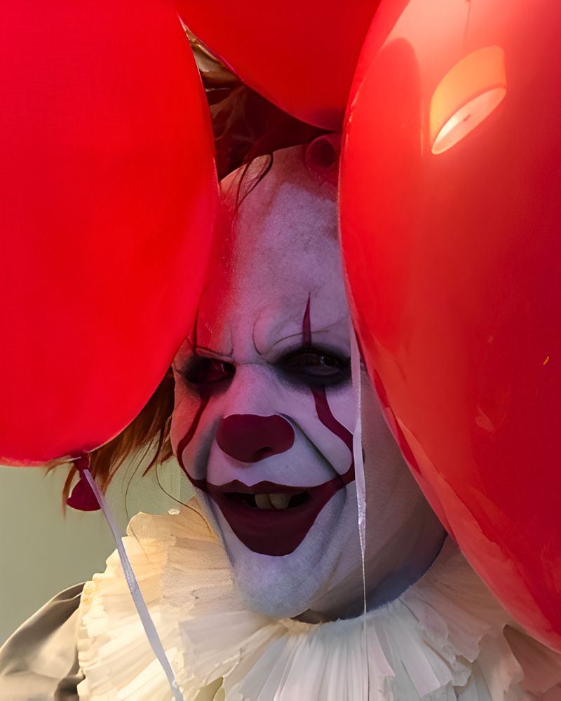 Pennywise clown mask surrounded by red balloons, revealing a sinister grin through the gaps — The Terror Lab