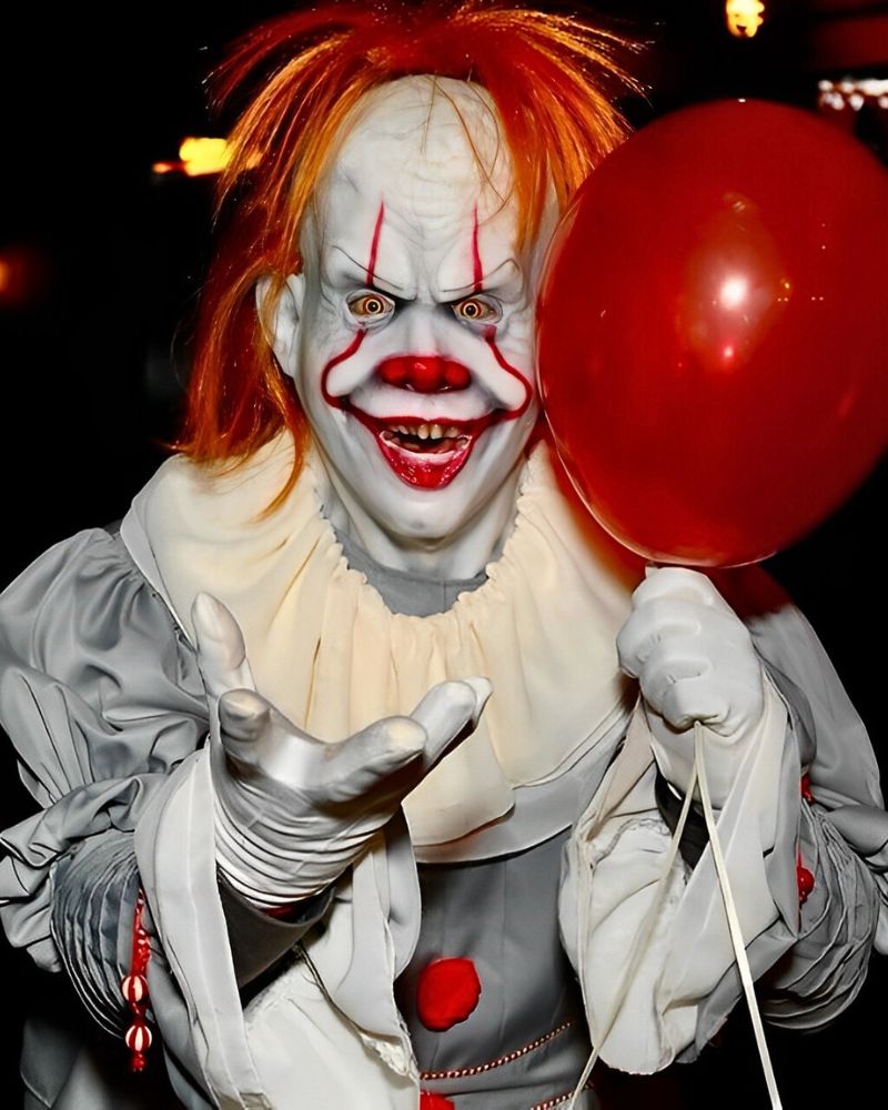 Pennywise clown costume with red balloon and haunting stare, captured during Halloween festivities — from The Terror Lab