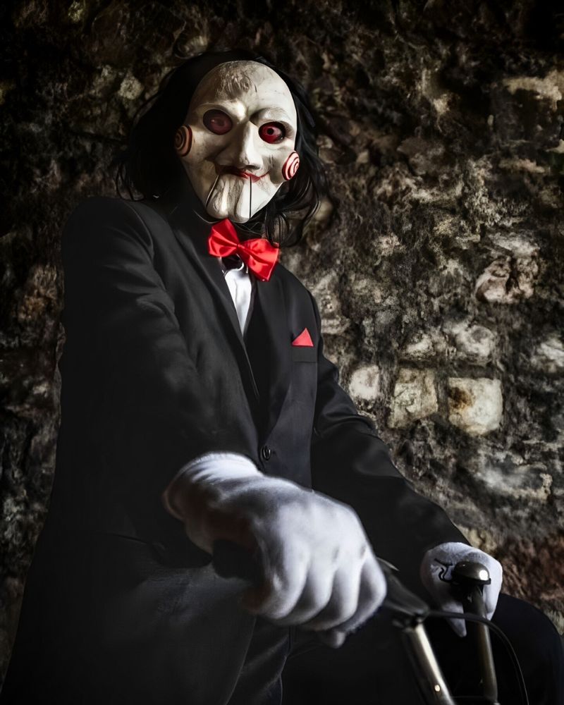 Close-up of a customer wearing the Billy the Puppet moving jaw mask and costume while riding a tricycle in a dark cave-like setting — The Terror Lab