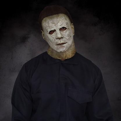 Michael Myers 2018 Halloween mask with weathered finish and dark coverall costume – horror costume from The Terror Lab.