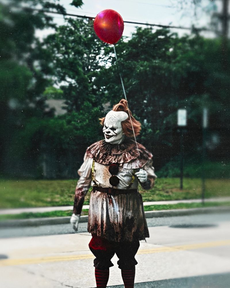 Pennywise clown mask and weathered costume holding red balloon, seen walking down suburban street — The Terror Lab