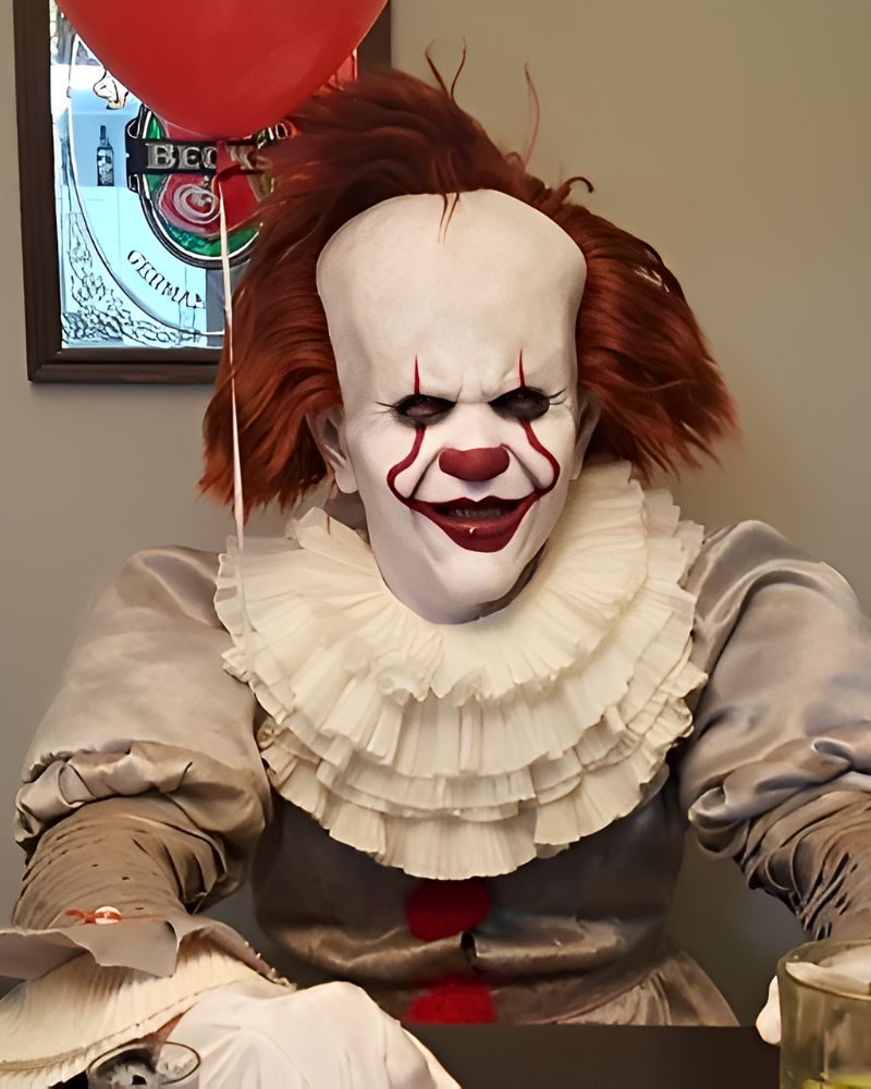 Pennywise realistic costume and red balloon at Halloween dinner party — The Terror Lab